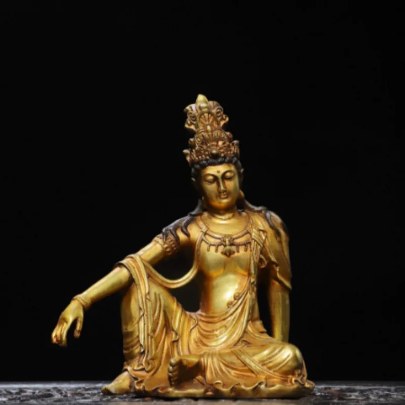 19cm Antique Brass Gilded Guanyin Statue - Avalokitesvara Buddha Altar Home Ornament, Tantric Buddhist Supplies