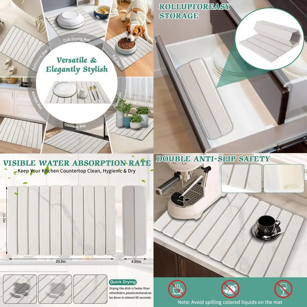 

White Marble Stone Dish Drying Mat, 24x15 Inches, Absorbent Earth Kitchen Counter Mat for Dishes, Bottles, and Cups