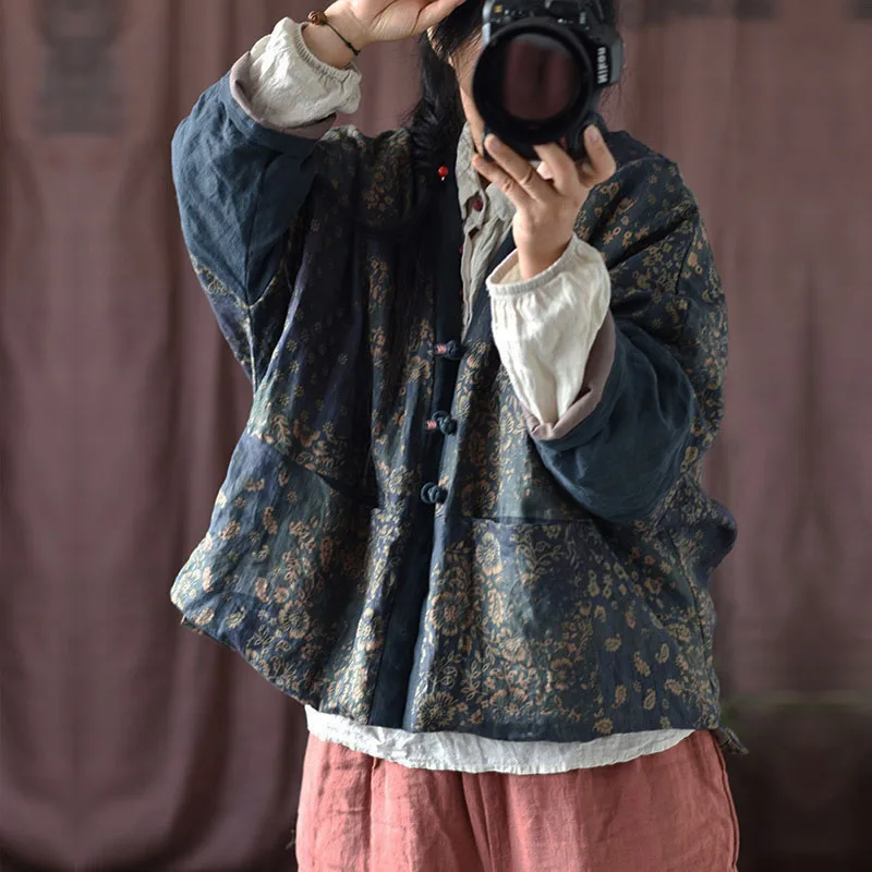 Women's High-quality linen Autumn Hanfu Jacket Lightweight Thin Quilted Outwear Open Front Vintage Printed Patchwork Short Coats