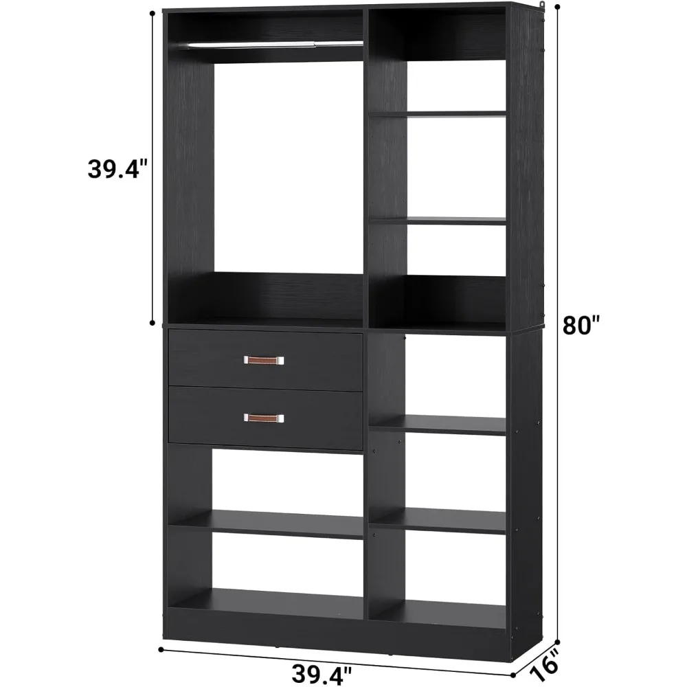 40 Inch Wardrobe with 10 Shelves, 2 Wood Drawers, Hanging Rod, 80'' Height Adjustable Cloth Garment Rack, Wood Walk-in Wardrobe