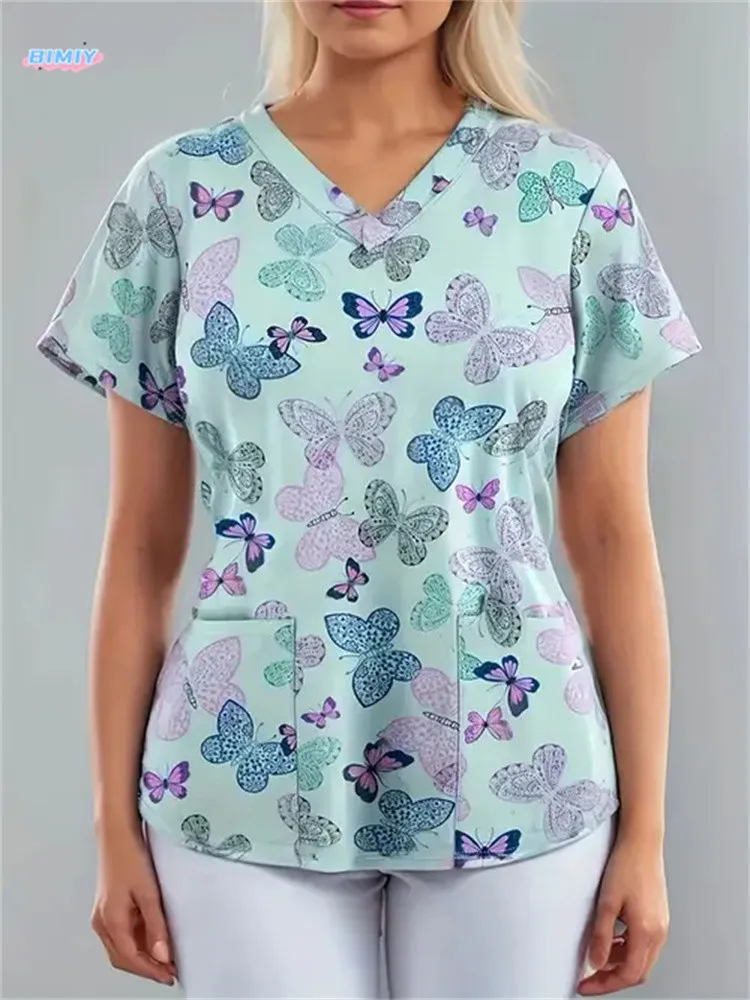 Women Working Uniform Print Pocket Pet Nurse Uniform Short Sleeve V-neck Scrub Tops Healthcare Carer Clinic Protective Clothing