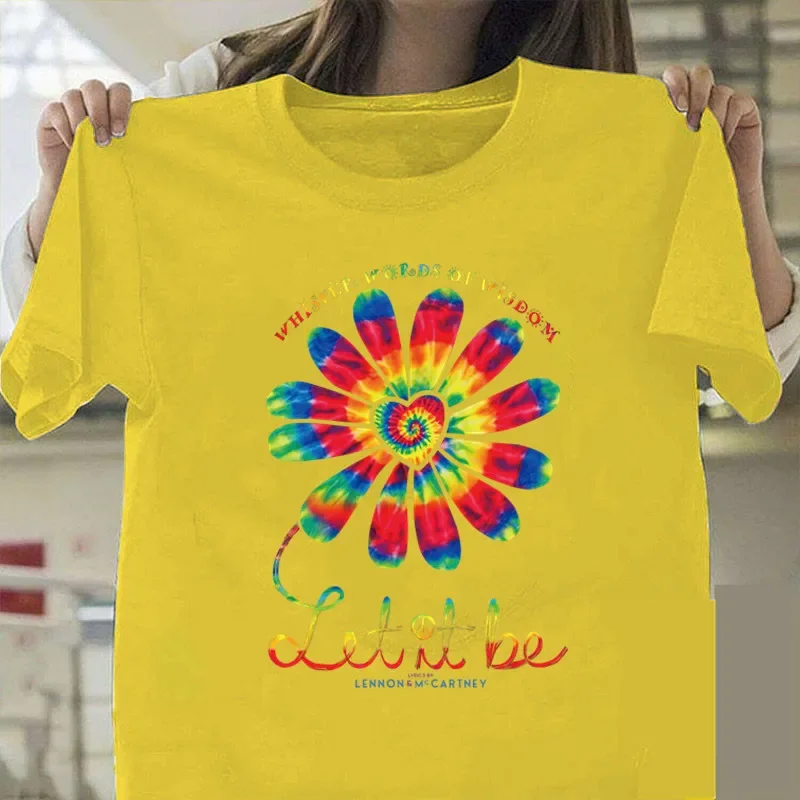 Camiseta solta de manga curta com gola O feminina, camiseta casual feminina, deixe ser colorida girassol estampa tops