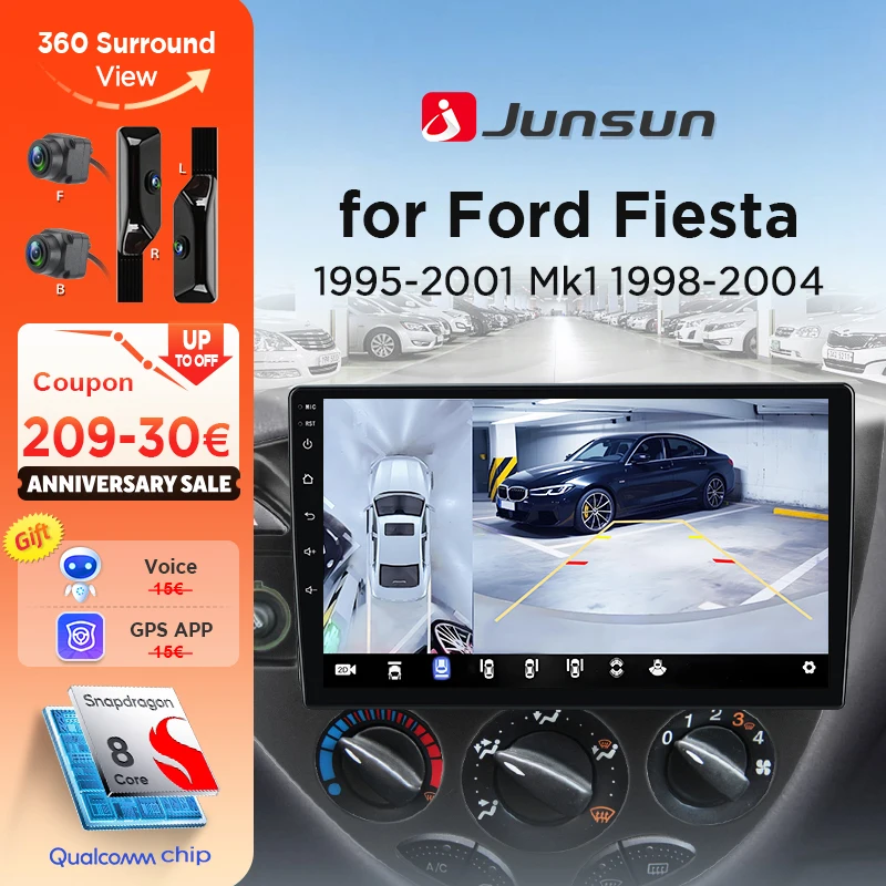 Junsun 8 noyaux 360 °   Caméra autoradio pour Ford Fiesta 1995-2001 Focus Mk1 1998-2004 sans fil CarPlay Android Auto 2 din stéréo GPS