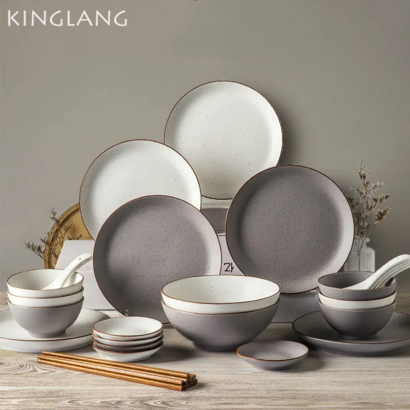 32pcs/set Nordic Style Ceramic Plate Set Family 6 Person Dinner Set Meal Shallow Plate Rice Bowl