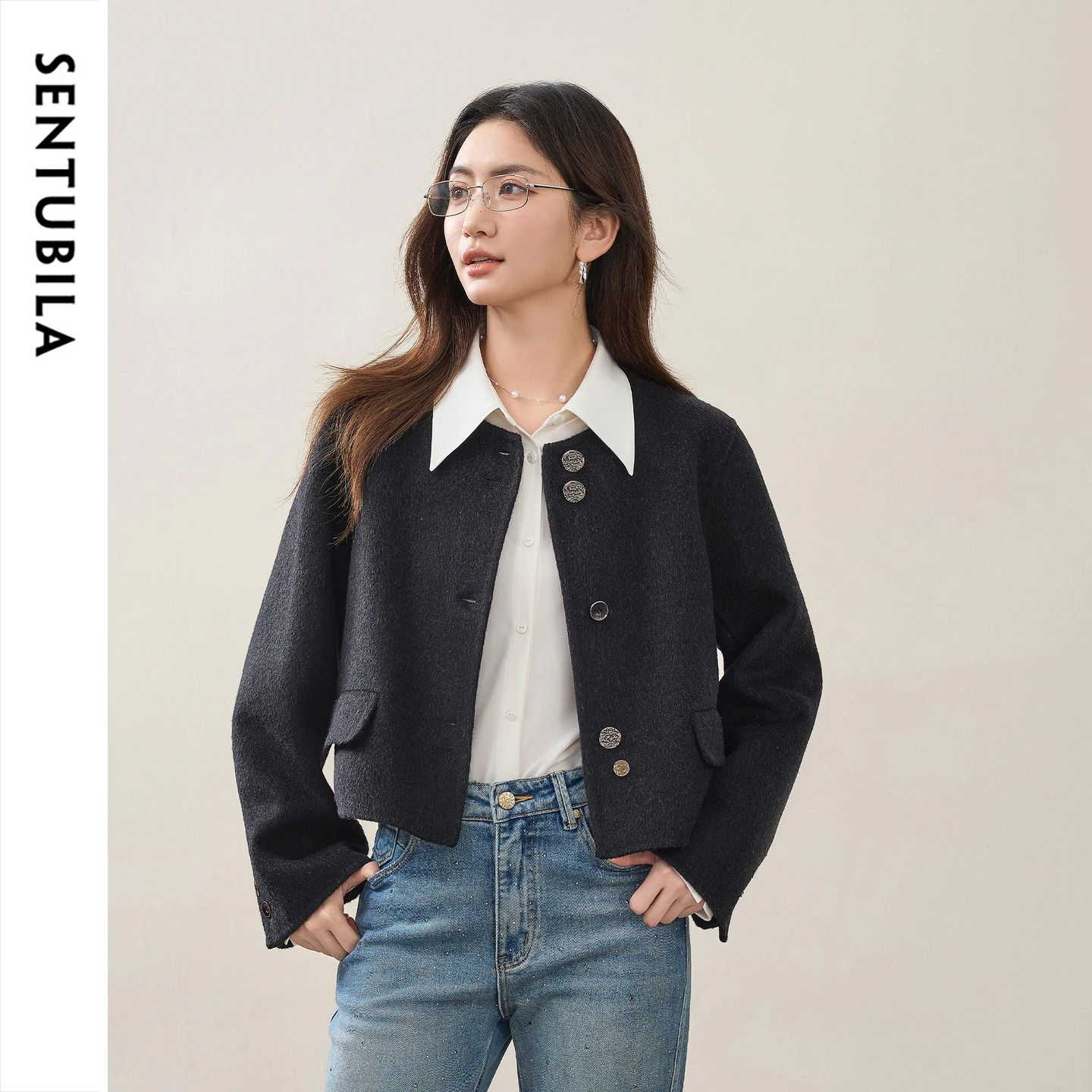 SENTUBILA Women Cashmere Blend Double Faced Woolen Coat Ladylike Chic Winter Round Neck Color Contrast Short Outerwear W64OG7624