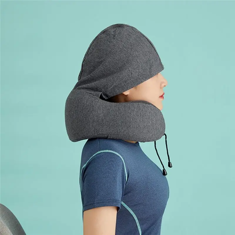 A67P-1 PCS Travel Pillow Hooded U-Shaped Neck Pillow Noon Sleeping Pillows With Hat Grey