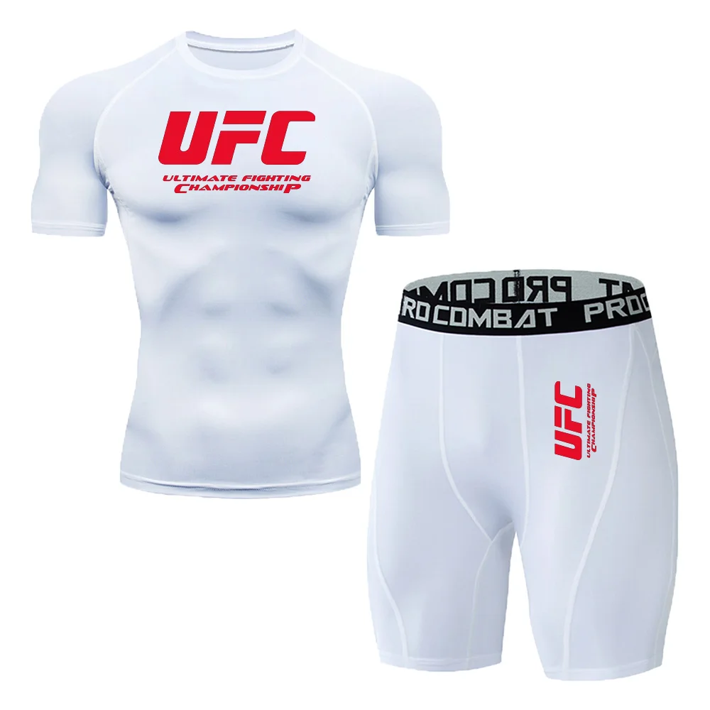Summer Outdoor Sports Fitness Short Sleeved Street Jogging Top Set UFC Men's New Fighting Tight Elastic T-shirt Pants Set