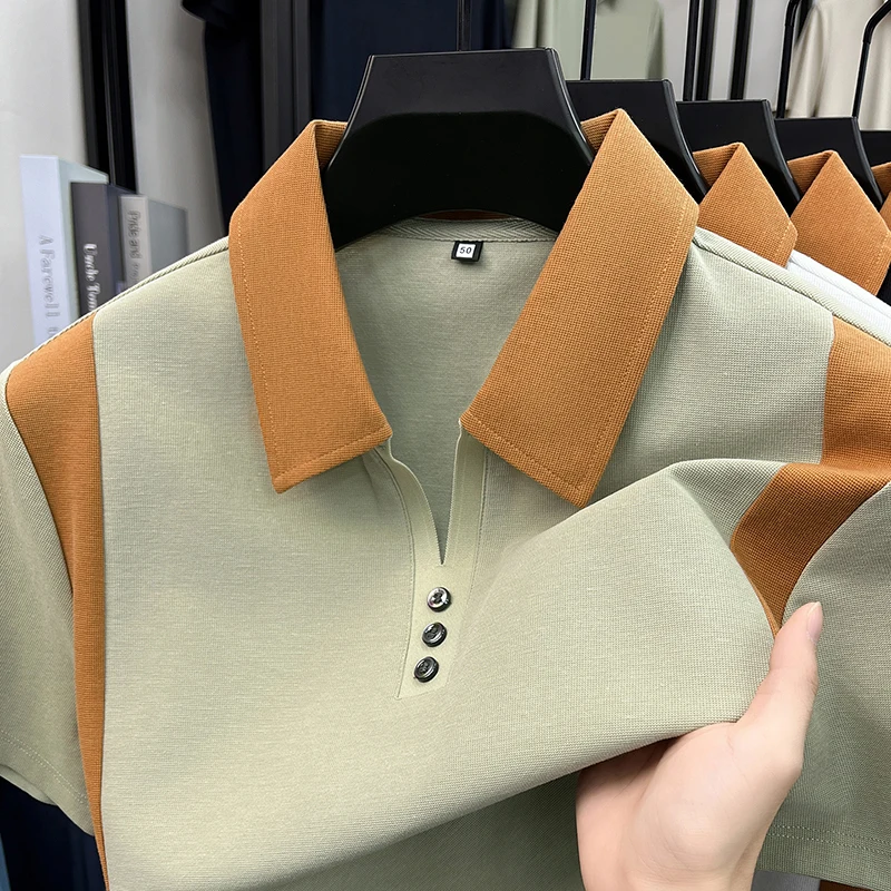 High end brand silk cotton short sleeve polo shirt comfort breathable men's T-shirt summer new fashion color blocking casual top