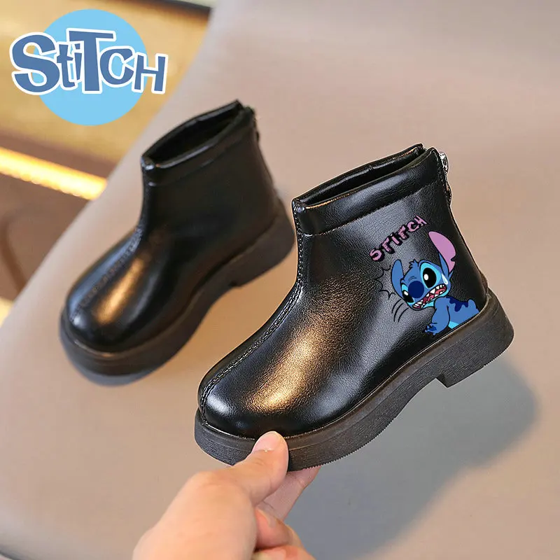 Stitch Children Winter Boots  Kids Plus Plush Ankle Boots Boy Girls Warm Boots Cartoon Print Non-slip Leather Flat Shoes