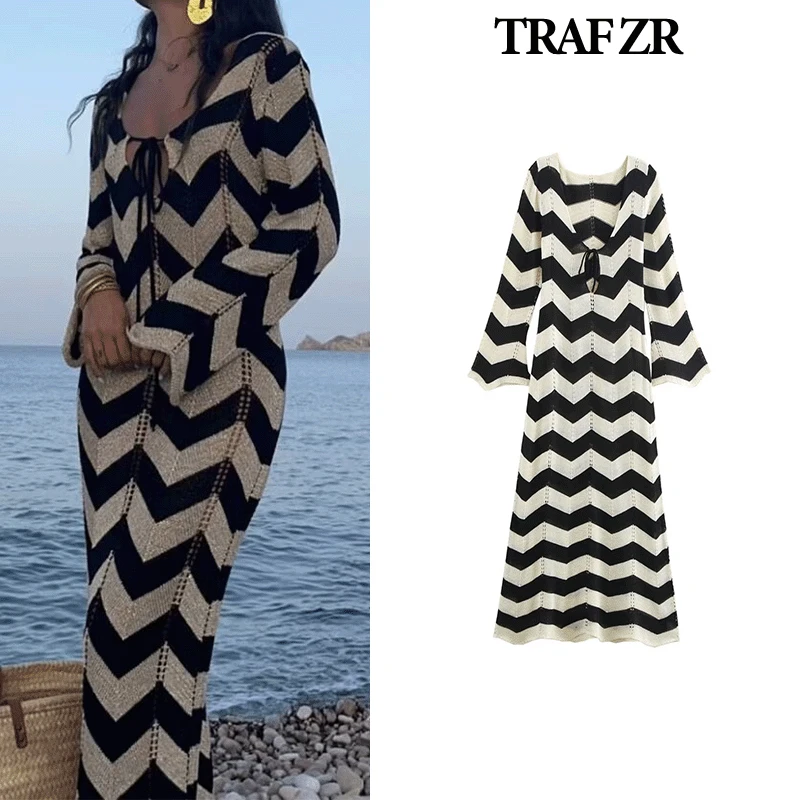 TRAF ZR-vestidos con recortes de punto alto para mujer, vestidos elegantes y hermosos, ropa de playa, batas, vestido de fiesta Midi