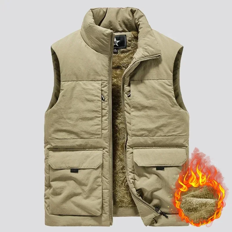 Men's Vests for Fall Winter Padded and Thickened Workwear Jacket Multi-pocket Stand-up Collar Undershirt Men's Outdoor Shoulder