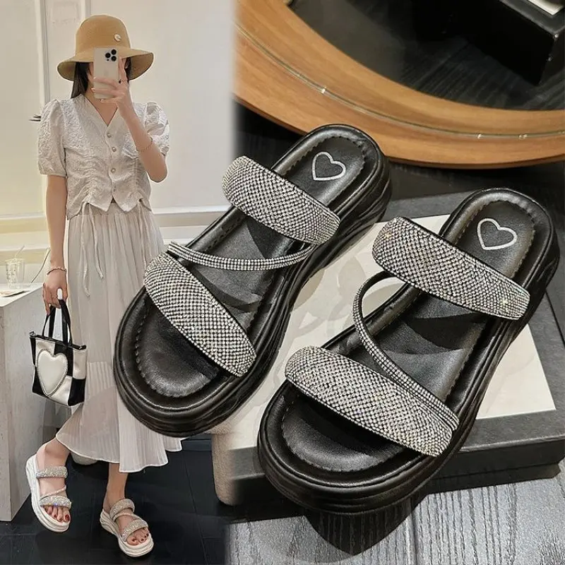 Crystal Platform Flats Fashion Slippers Sexy Summer New Sport Sandals Luxury Heels Shoes Party Brand Women Shoes Ladies Slides