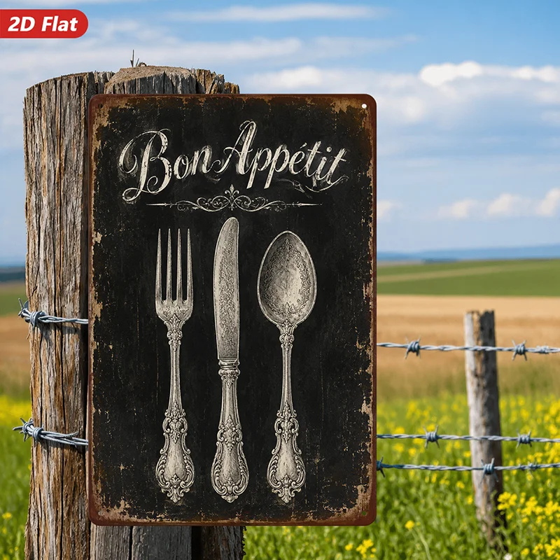 2D Flat, 1pc Metal Sign Wall Art, Bon Appetit Wall Art, Vintage Cutlery Design, Rustic Style, Home Decor, for Kitchen, Dining