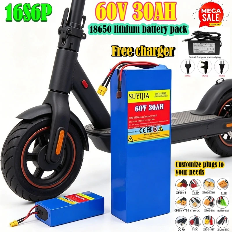 

Литиевая аккумуляторная батарея 16S6P 60В 30Ач 18650 высокой мощности 0-3000Вт со встроенной BMS, подходит для электровелосипедов и самокатов