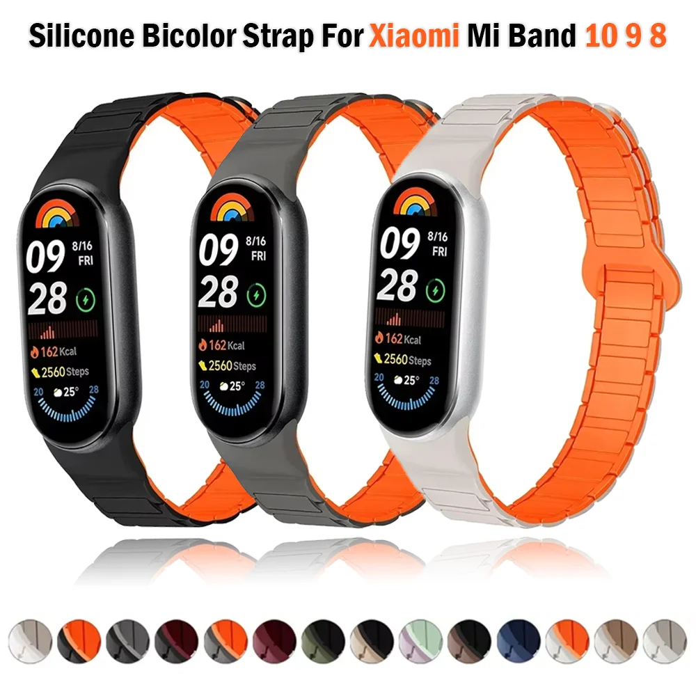 

Silicone Bicolor Strap For Xiaomi Mi Band 10 9 8 Magnetic Loop For Xiaomi Smart Band 8 9 NFC Watchband Correa Band 10 Bracelets