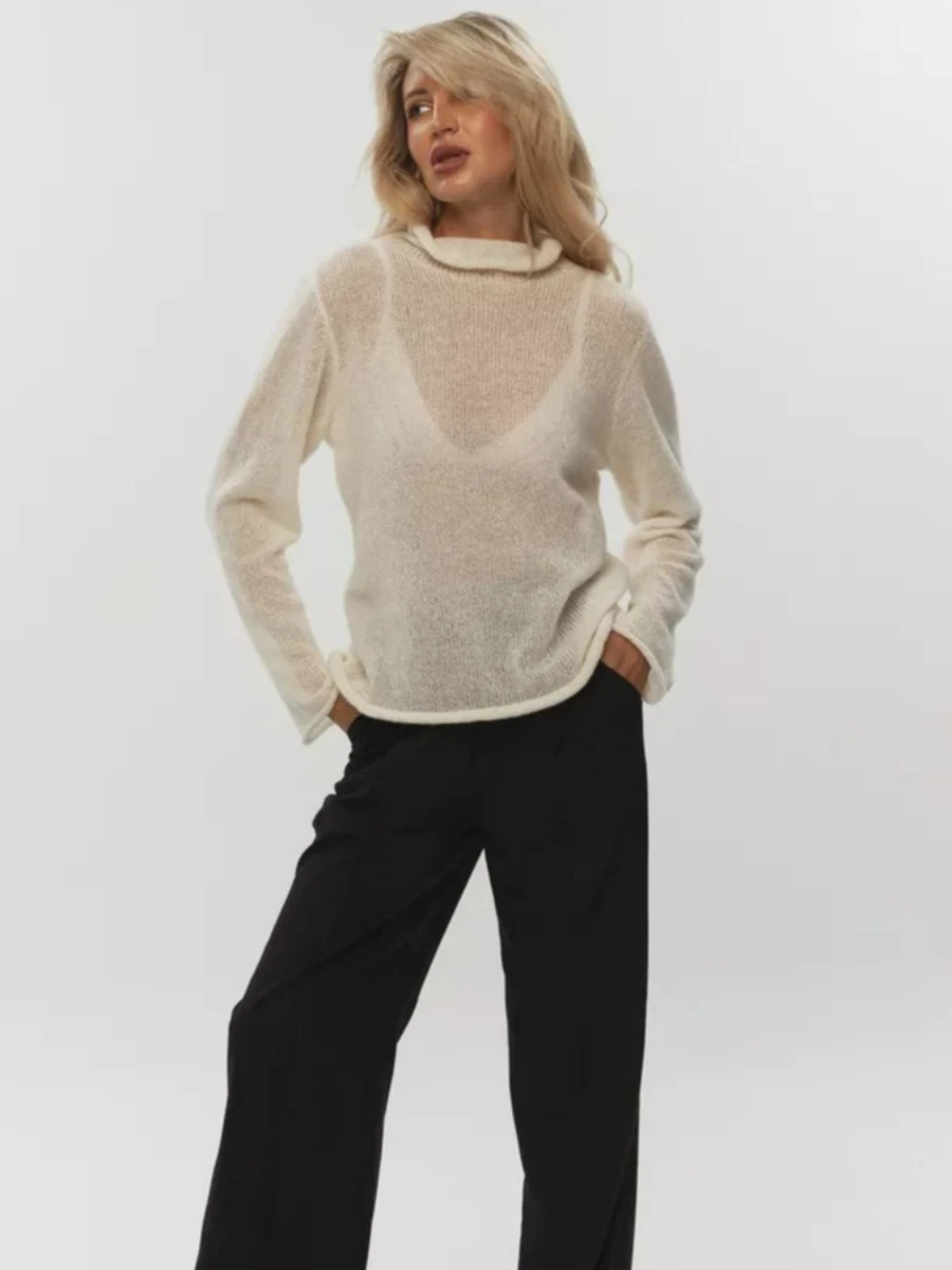 Blubelle Autumn New Women's  Hollow-out Sweater Ins Style Soft Loose Sheer Sexy Knitted Long Sleeve Layering Top