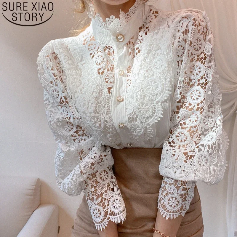 

White Patchwork Shirt Button Hollow Out Tops Korean Chic Lace Blouse Women Flower Stand Collar Blusas Petal Sleeve Blouses 12419