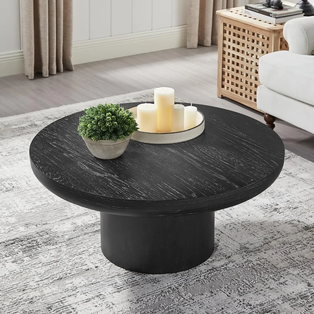 طاولة قهوة مستديرة ريفية مقاس 35.98 بوصة لمساحات المعيشة، مناسبة للشقق، سهلة التجميع - أسود، 36 قطر × 16 ارتفاع #4