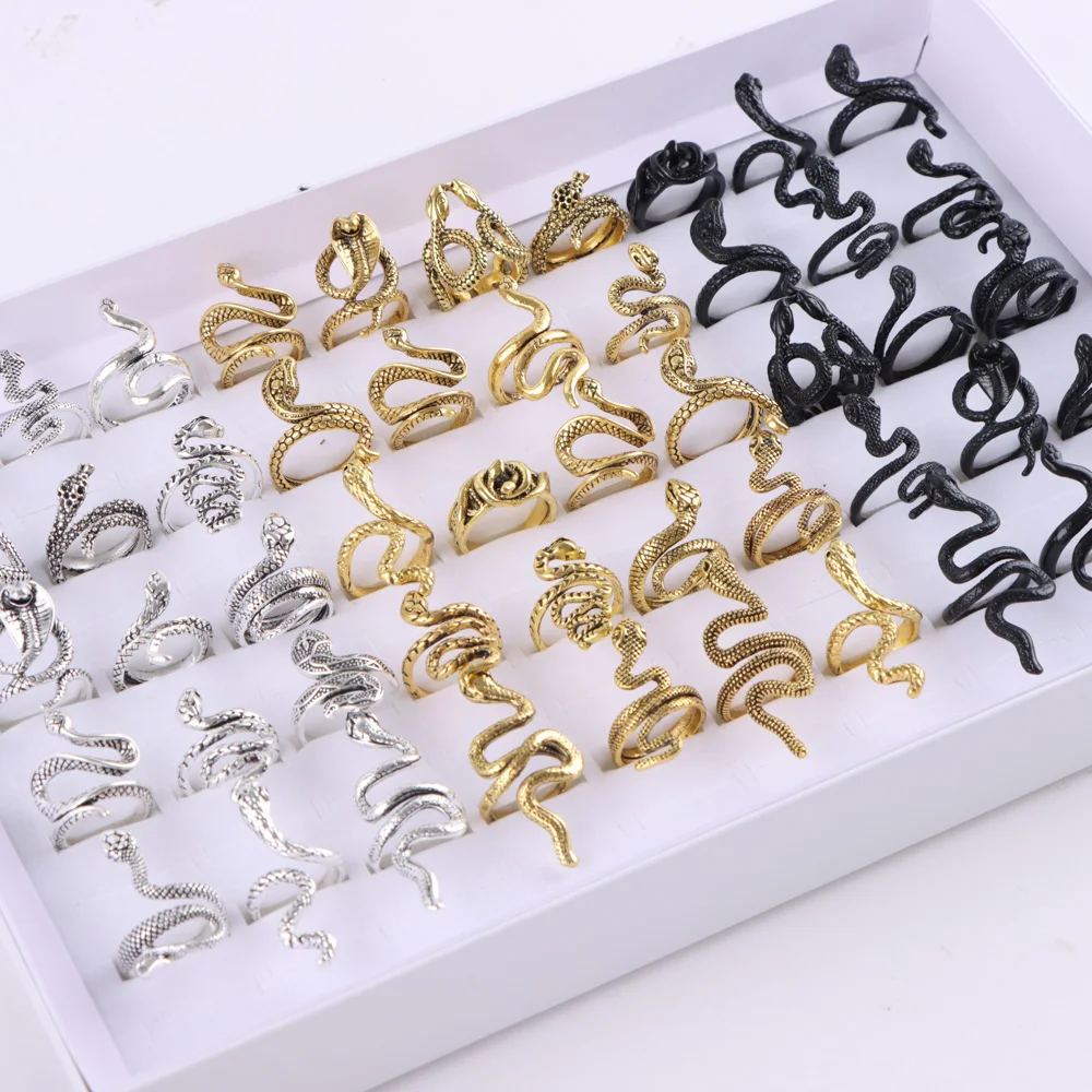 Wholesale 30Pcs/Lot Fashion Snake Animal Mix Style Metal Opening Rings for Women Vintage Adjustable Size Jewelry Party Gifts