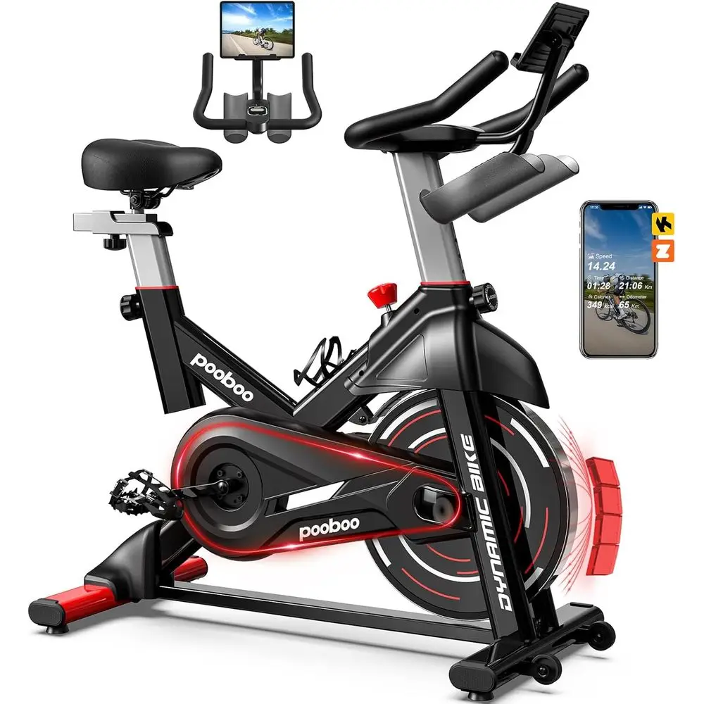 

Indoor Cycling Bike with Adjustable Magnetic Resistance, 350 lbs Capacity, Large Seat, Tablet Mount, and App-Integrated Workouts