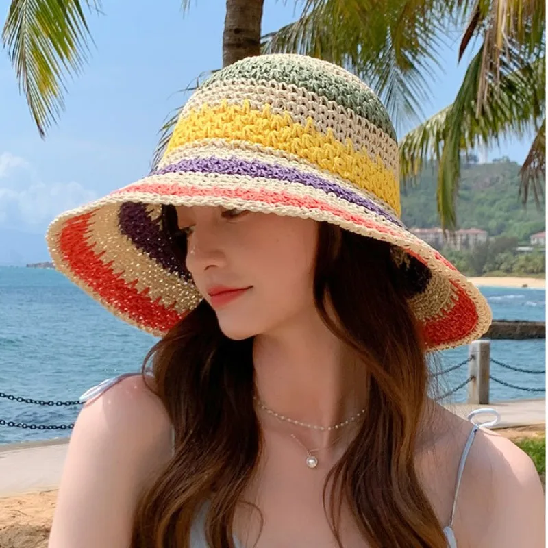 100%Raffia rainbow Girl Sun Hat Wide Brim Floppy Summer Hats For Women Beach Panama Straw Dome Bucket Hat Femme Shade Hat