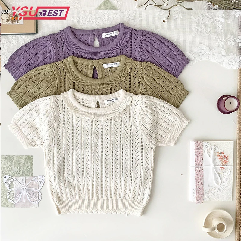 

New Baby Girls Sweaters Summer Children Knitted Sweaters Pleated Collar Hollow Out Baby Girls Cotton Sweaters Pullovers Princess