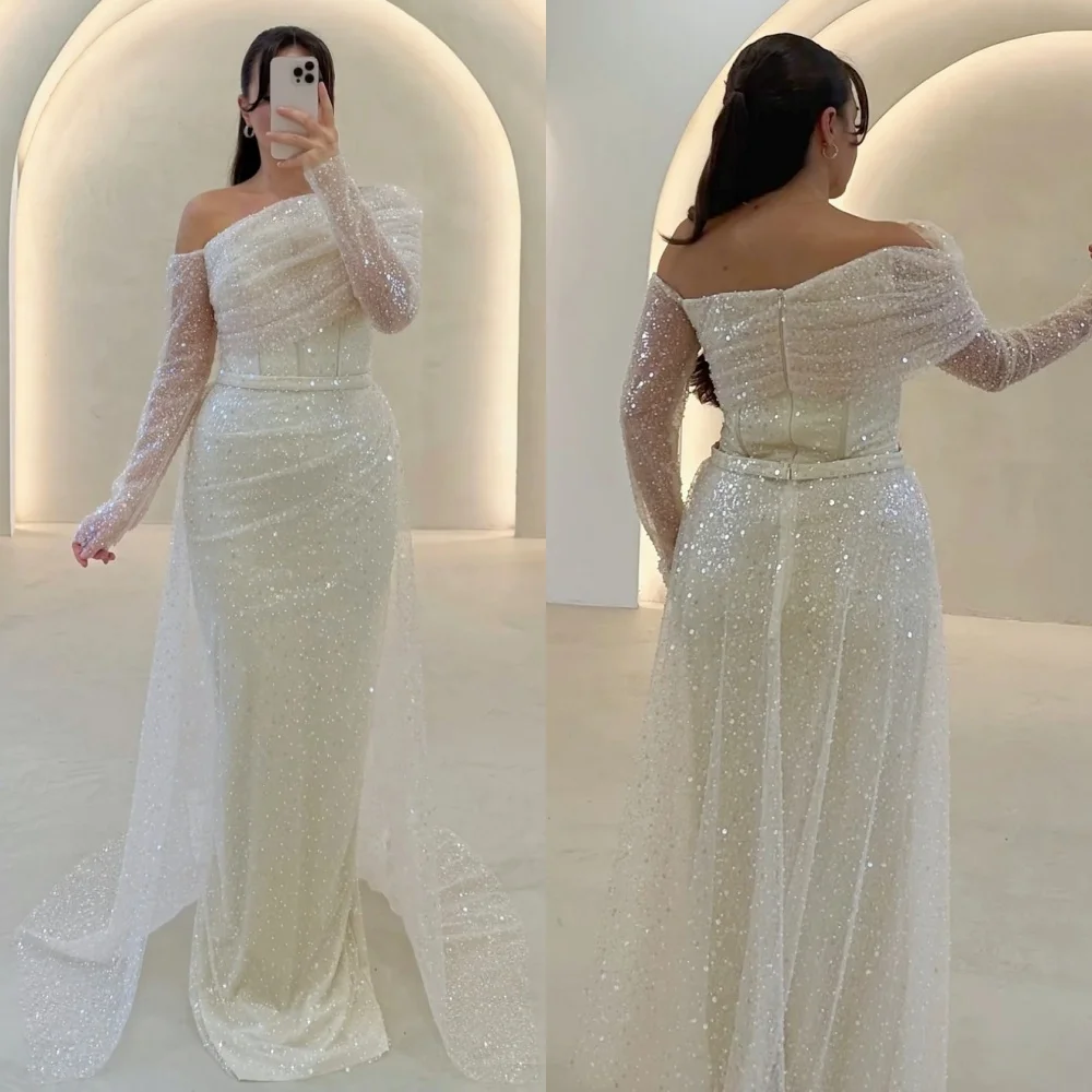 Customized Sequined Pleat Sparkle Off-the-shoulder Long Dresses Bespoke Occasion Women Luxury Evening Elegant Party Wedding