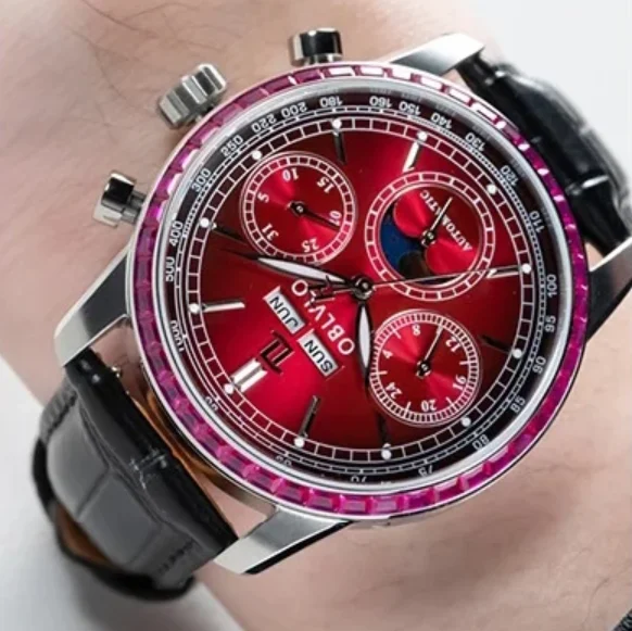 OBLVLO Men Automatic Watch 42mm Mechanical Wristwatch 50M Waterproof Luminous Sapphire Mirror Multi-Dial Month Week Sun-Moon view 2