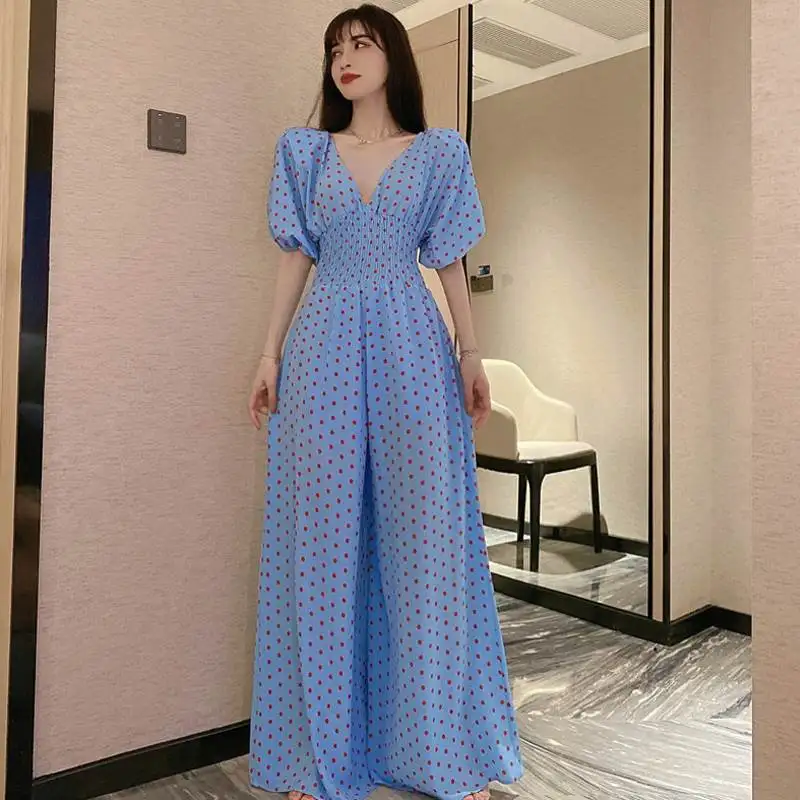 

V Back Sexy Polka Dot Romper Women Floor Length Puff Short Sleeve High Waist Jumpsuit Summer Female Chiffon Wide Leg Playsuits