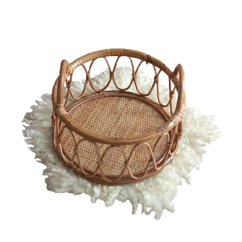 Newborn Photography Props Bamboo Rattan Basket for Baby Photo Shoot Natural Handwoven Infant Portrait Background Accessory