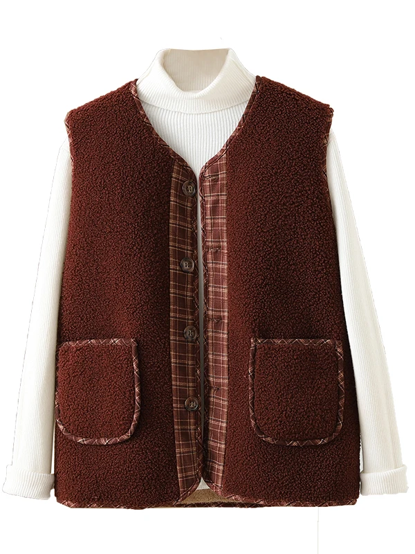 여성용 플리스 안감 체크 양털 조끼 루즈 슬림 다용도 가죽 퍼 통합 조끼 가을 겨울 신상 브이넥