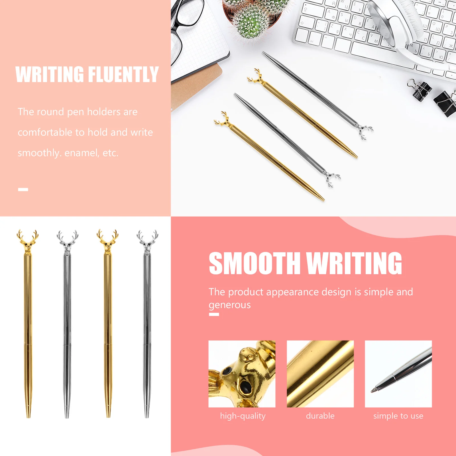 

4Pcs Elk Design Ballpoint Pens Metal Smooth Writing Creative Novelty Pen for Students Kids Gift Stationery School Office Use