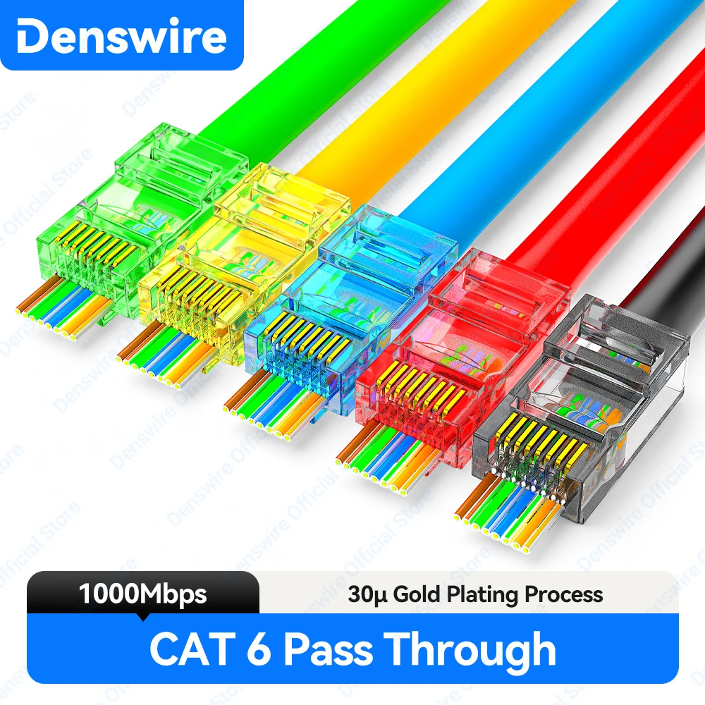 

Denswire Cat6 RJ45 Pass-Through Connectors 8P8C Modular Plugs Network Connector Asst Colors for Solid/Stranded UTP Network Cable