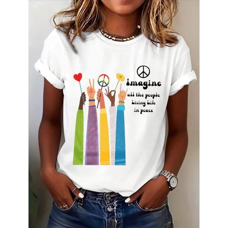 ilstile New Women's Imagine All People Living Life In Peace Print T-Shirts Short Sleeve O Neck Summer Tops Casual Tees