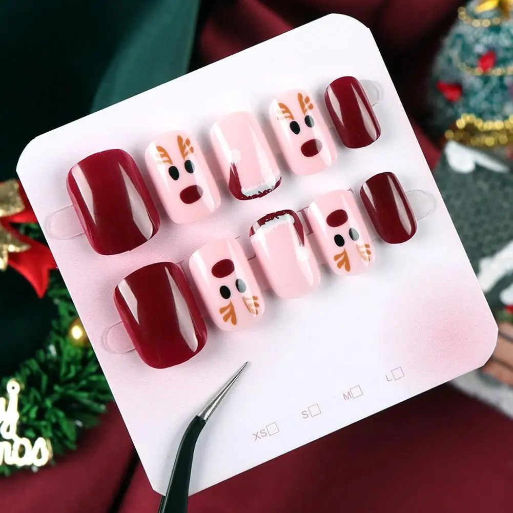 Armadura navideña, 24 Uds., dibujos animados navideños en 3D, prensa en las uñas, lindo Papá Noel/flocos de nieve, cobertura completa, uñas postizas de Año Nuevo