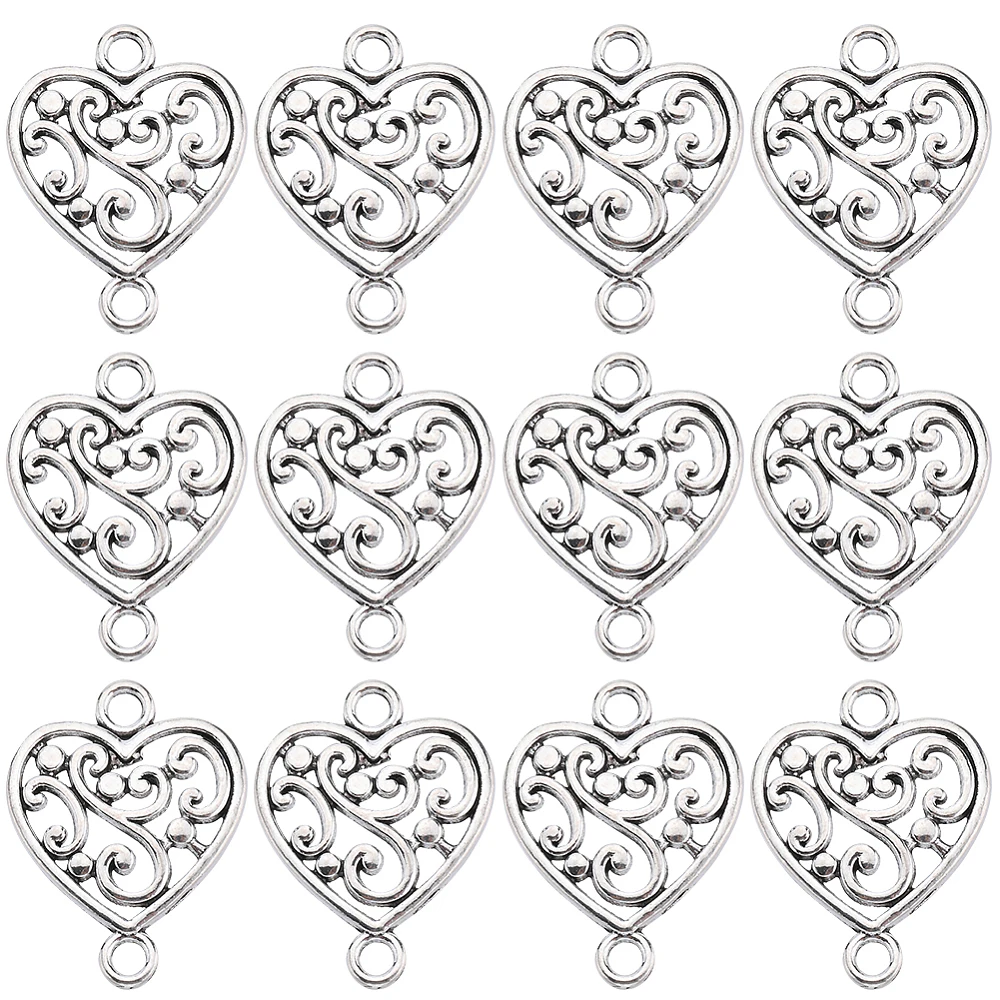 100Pcs Style Alloy Connector Charms Heart Links Cadmium Free Lead Free Silver 19x14.5x2mm Hole: 2mm