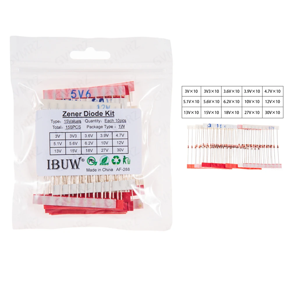 150PCS 27V 16V 5.1V 5.6V 13V 15V 15Values 1W Zener Diode Kit 3V-30V for Voltage Regulation Electronic Projects 3.3V 3.6V 12V 30V