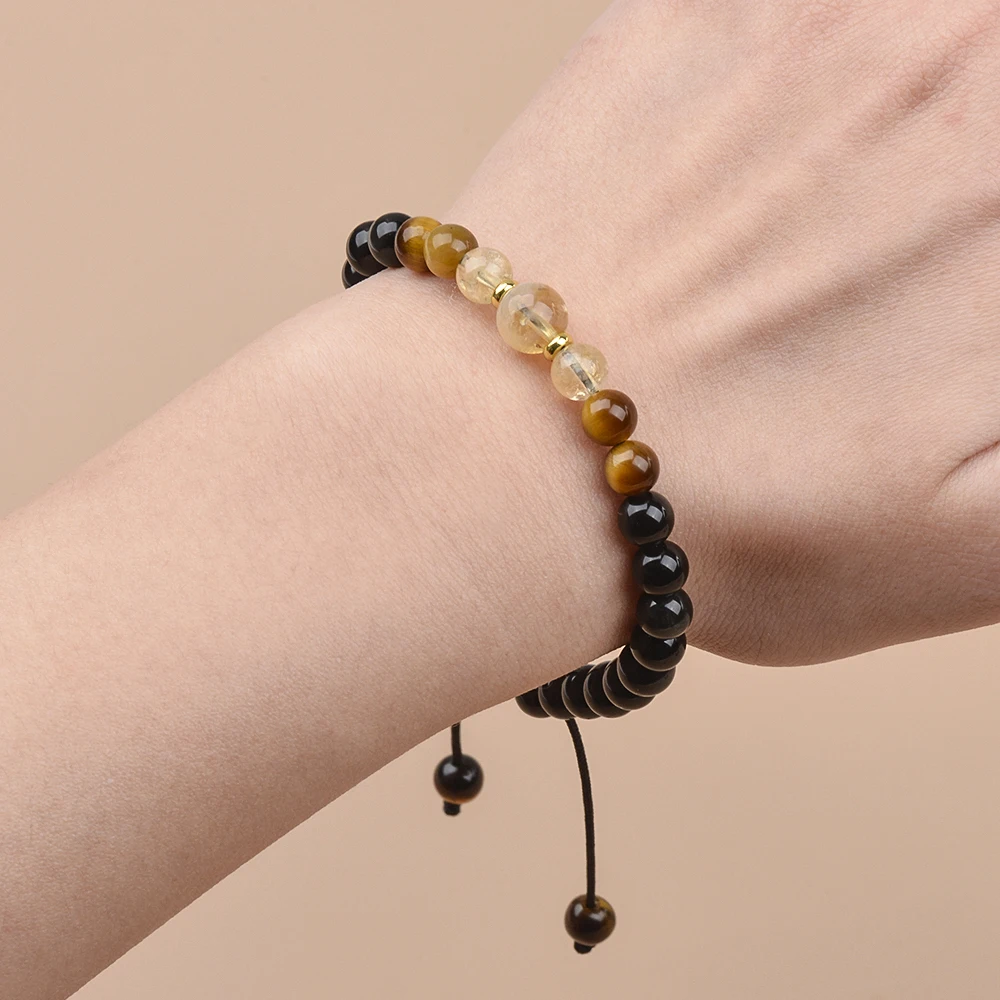 Natural Stone Black Obsidian Tiger Eye and Citrine Adjustable Bracelets Casual Jewelry for Women Men Daily