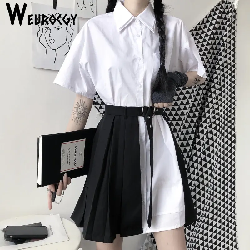 

y2k Languid wind Casual Loose Trend Clothes Pure Cotton Women Spring Summer Double Collar Top Women's Skirt Pleated Personality