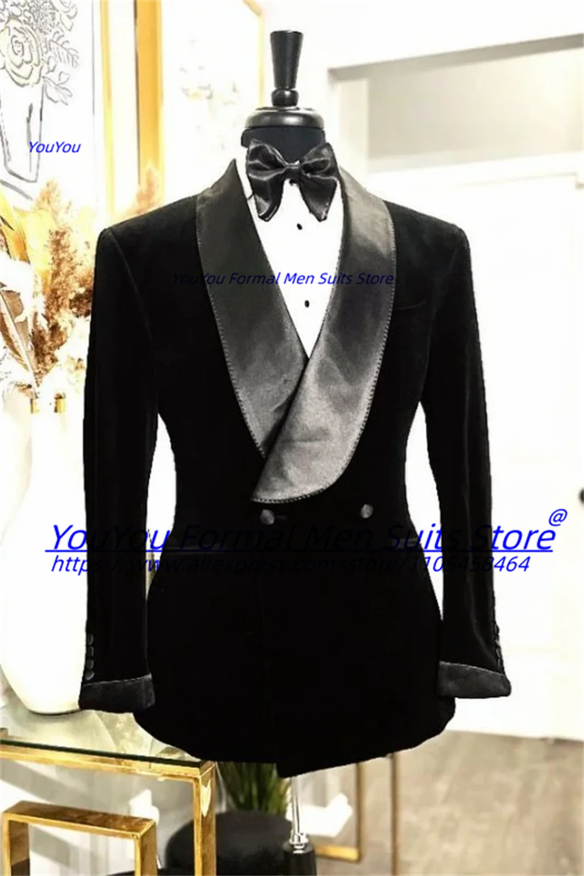 

Handsome Black Velvet Shawl Lapel Double Breasted Men Suits Male Formal Blazers Customized Slim Fit Double Breasted2 Pieces Sets