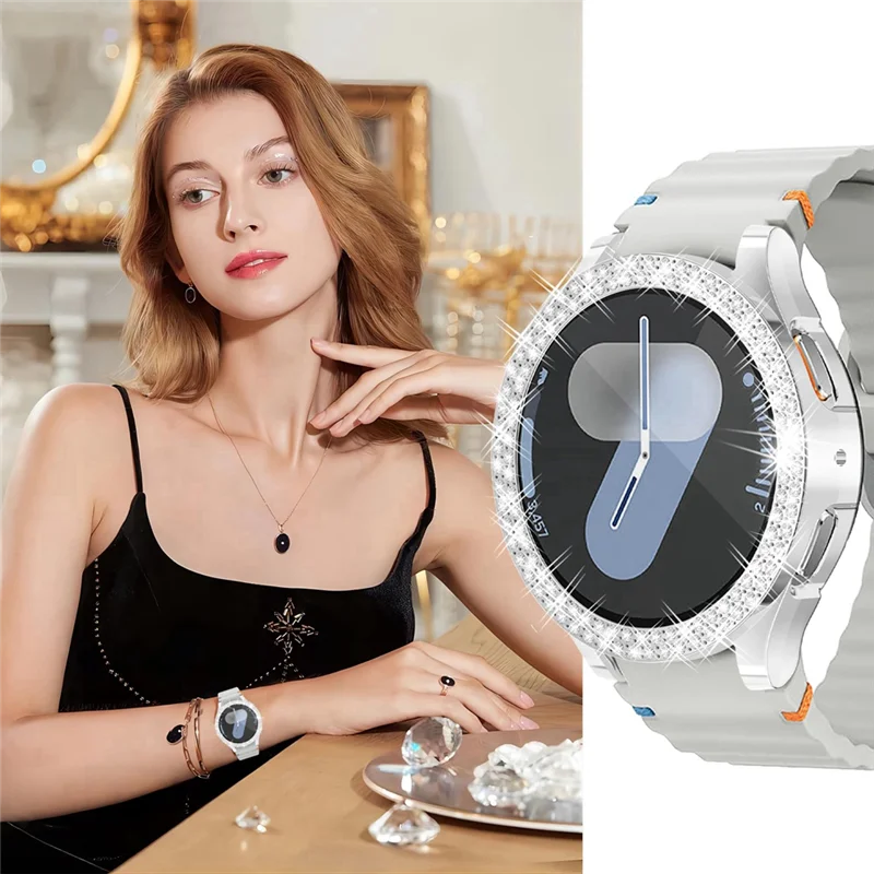 สําหรับ Samsung Galaxy Watch 7 กรณีไฟฟ้าเดี่ยวและคู่แถวเจาะ Hard 44 มม.เปลือกป้องกัน Silver