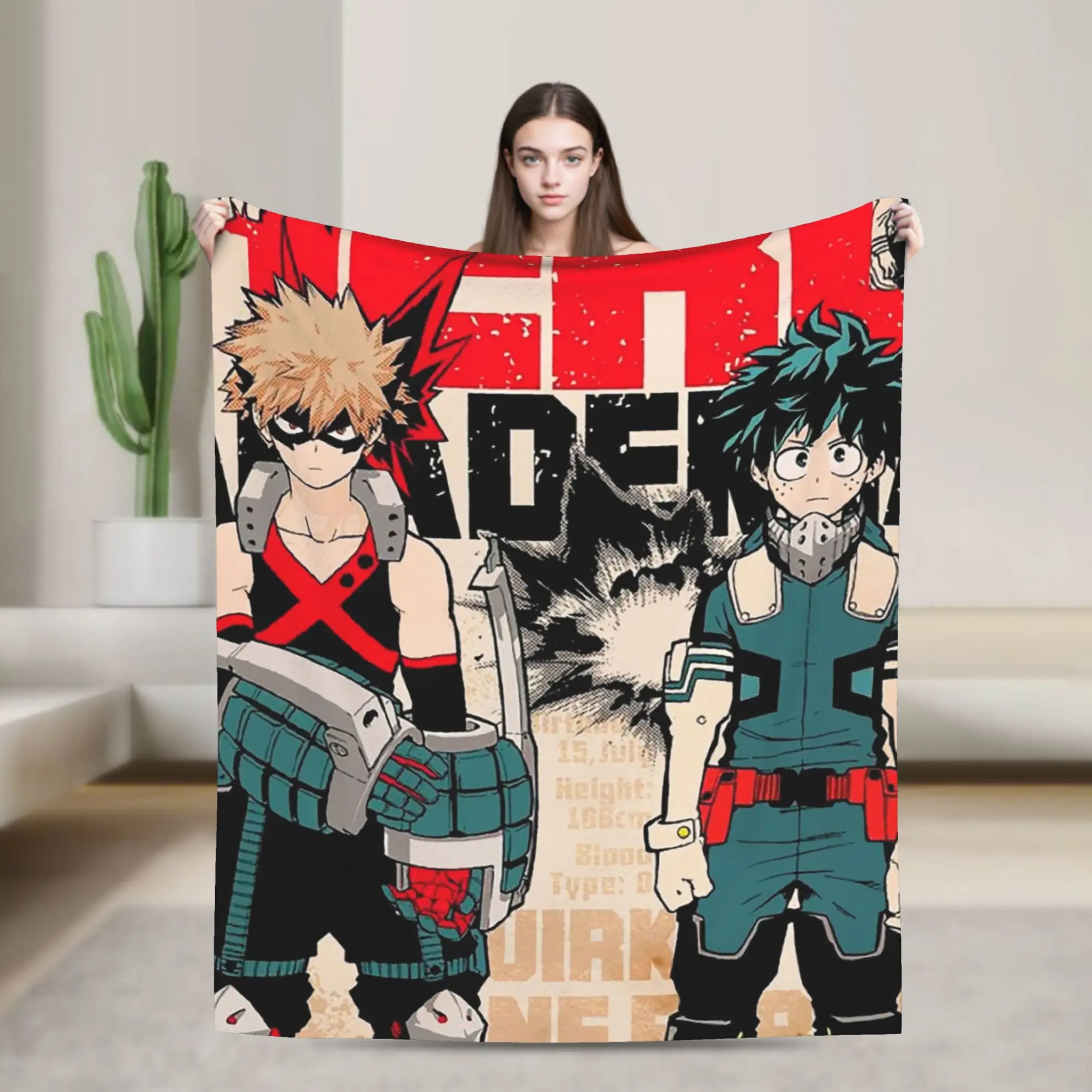 MHA Anime Blanket Coral Fleece Plush Katsuki Midoriya Anime Lightweight Throw Blanket for Airplane Travel Bedspread