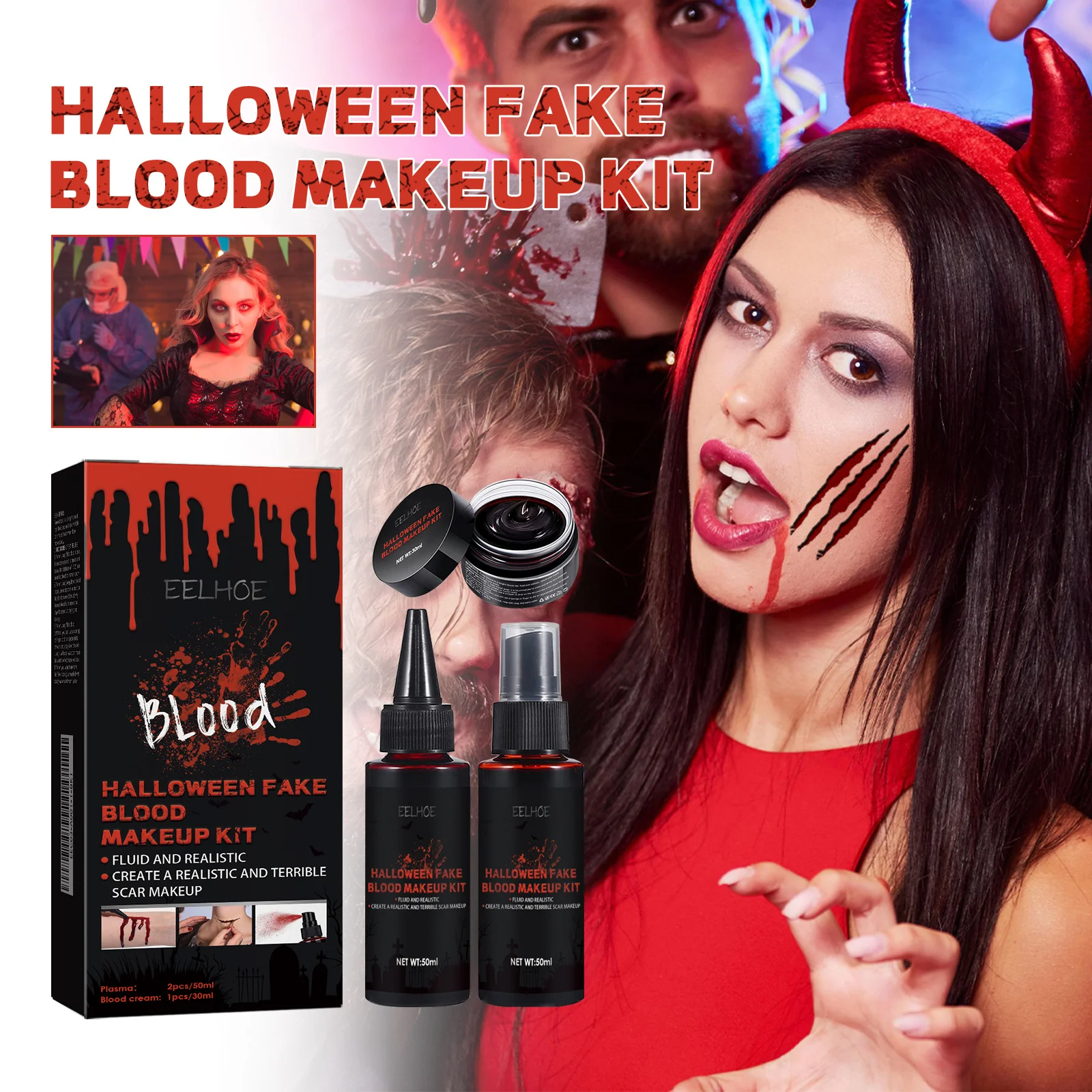 

Halloween Fake Blood Makeup Kit Realistic Vampire Zombie Cosplay Horror Atmosphere Create Scar Makeup Fake Blood Spray for Party