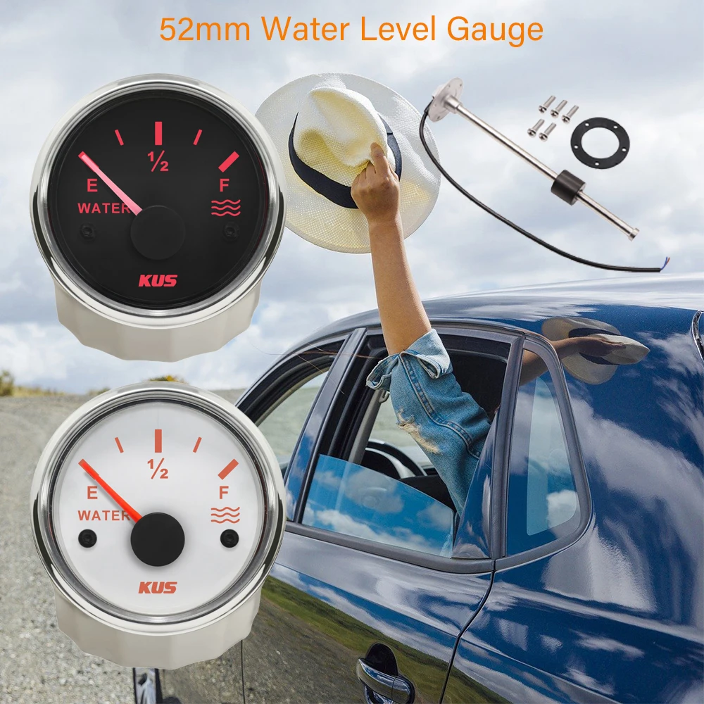KUS Pointer Water Tank Level Gauge Meter Indicator 0-190ohm Signal for Boat RV Motorhome Truck with Backlight 12V 24V 52mm(2")