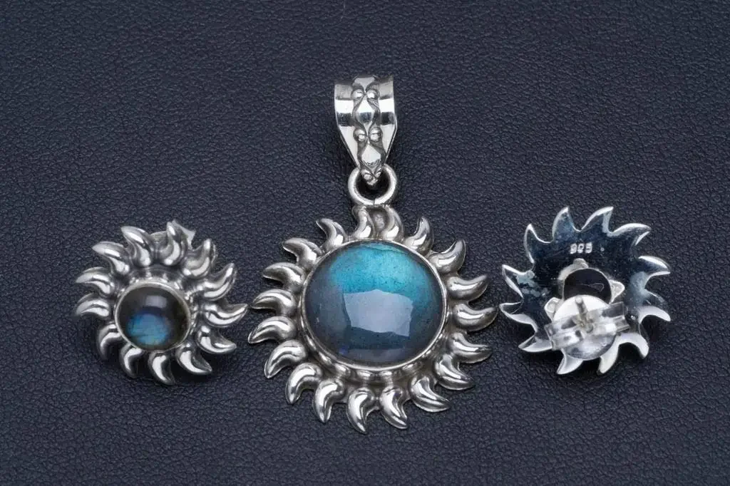 

Hesy® Natural Labradorite Handmade Unique 925 Sterling Silver Jewelry Set Pendant 1.5" Studs 0.5" A3766