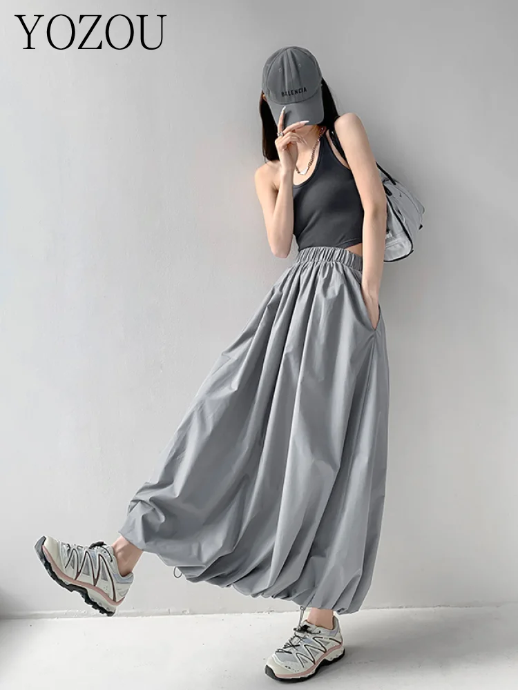 [YOZOU] Luxury Stylish Drawstring Elastic High Waist Gray Black Sporty Bud Pleated Maxi Long Skirt Streetwear Fairy Petticoat