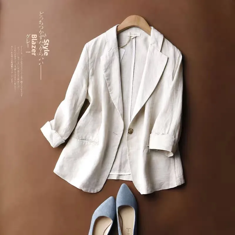 Women's Linen Jacket One Button Cotton Linen Small Suit Commute Style Long Sleeve Regular Length Loose Fit Pure Color