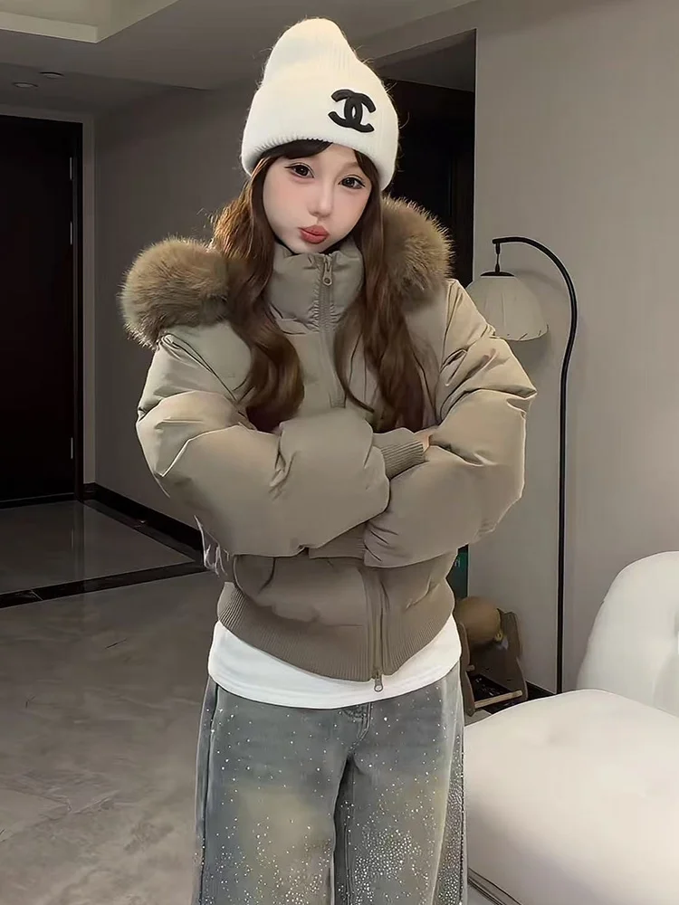 

Korean Style Short Puffer Jacket Women's Winter New Loose Slimming White Duck down Warm Outerwear with Hood Large Fur Collar