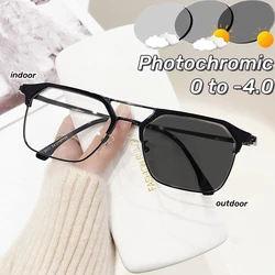 Trendy Metal Double Beam Photochromic Myopia Glasses Retro Polygonal Full Frame Near Sight Glasses Anti Blue Light Glasses