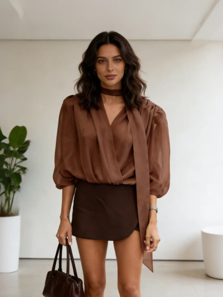 

Tsiisd Fashion V-Neck Lace-Up Top Shirt For Women See-Through Puff Sleeves Loose Commuting Solid Pullover Top 2026 Female Tee